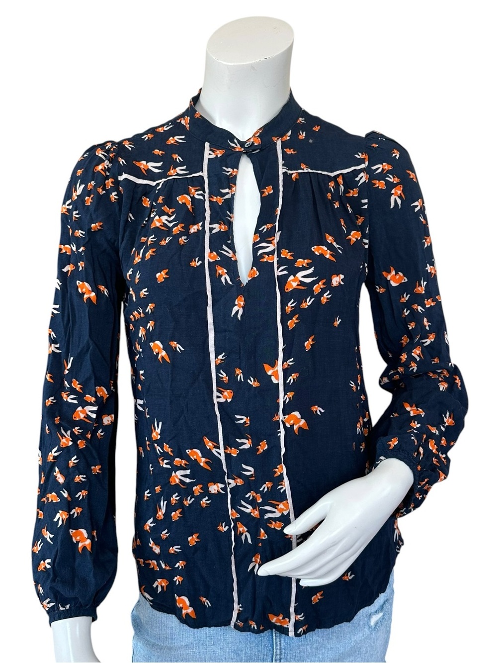 Y2K Anthropologie Porridge Navy Blue Goldfish Aquatic Print Keyhole Blouse Small